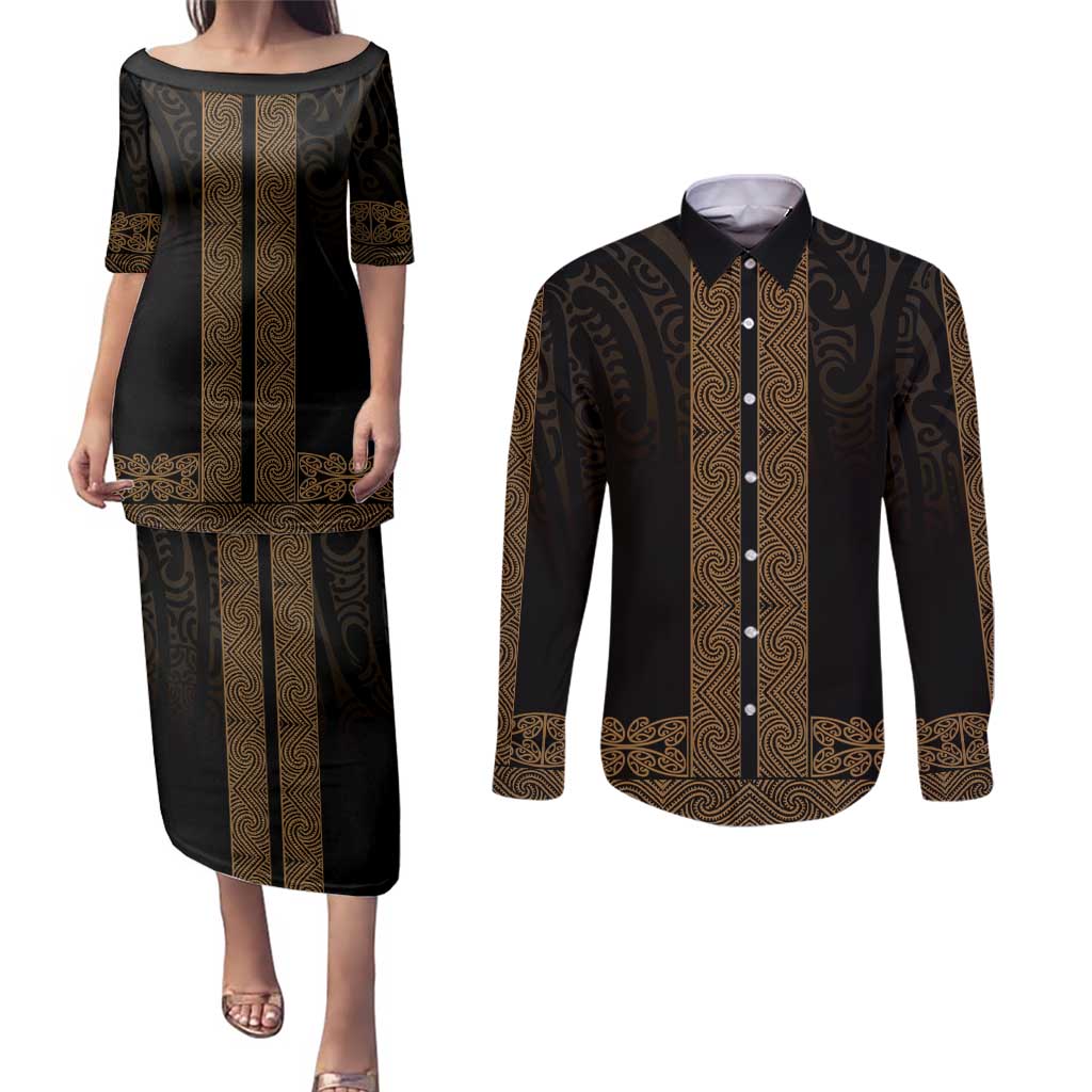 New Zealand Maori Kowhaiwhai Couples Matching Puletasi and Long Sleeve Button Shirt Parauri Maui and Mangopare LT9 Brown - Polynesian Pride