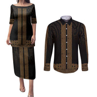 New Zealand Maori Kowhaiwhai Couples Matching Puletasi and Long Sleeve Button Shirt Parauri Maui and Mangopare LT9 Brown - Polynesian Pride