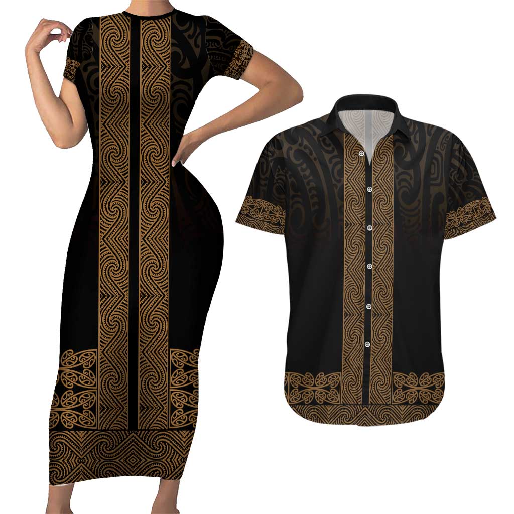 New Zealand Maori Kowhaiwhai Couples Matching Short Sleeve Bodycon Dress and Hawaiian Shirt Parauri Maui and Mangopare LT9 Brown - Polynesian Pride