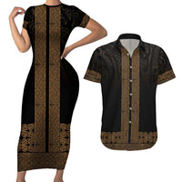 New Zealand Maori Kowhaiwhai Couples Matching Short Sleeve Bodycon Dress and Hawaiian Shirt Parauri Maui and Mangopare LT9 Brown - Polynesian Pride