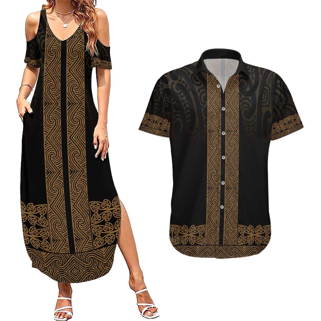 New Zealand Maori Kowhaiwhai Couples Matching Summer Maxi Dress and Hawaiian Shirt Parauri Maui and Mangopare LT9 Brown - Polynesian Pride