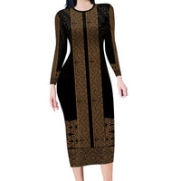 New Zealand Maori Kowhaiwhai Family Matching Long Sleeve Bodycon Dress and Hawaiian Shirt Parauri Maui and Mangopare LT9 Mom's Dress Brown - Polynesian Pride