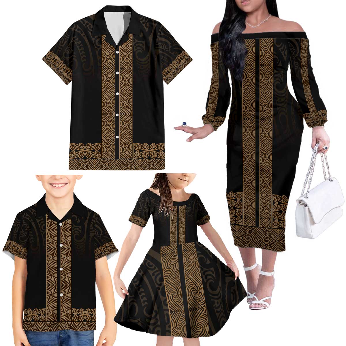 New Zealand Maori Kowhaiwhai Family Matching Off The Shoulder Long Sleeve Dress and Hawaiian Shirt Parauri Maui and Mangopare