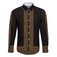 New Zealand Maori Kowhaiwhai Family Matching Off Shoulder Maxi Dress and Hawaiian Shirt Parauri Maui and Mangopare LT9 Dad's Shirt - Long Sleeve Brown - Polynesian Pride