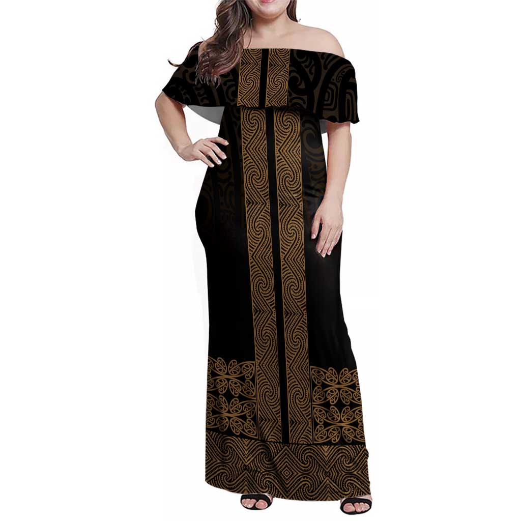 New Zealand Maori Kowhaiwhai Family Matching Off Shoulder Maxi Dress and Hawaiian Shirt Parauri Maui and Mangopare LT9 Mom's Dress Brown - Polynesian Pride