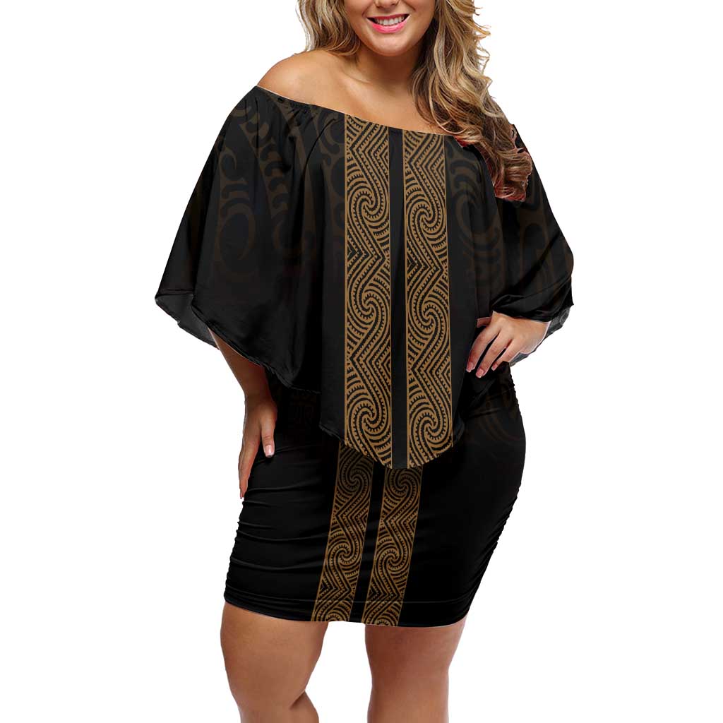 New Zealand Maori Kowhaiwhai Family Matching Off Shoulder Short Dress and Hawaiian Shirt Parauri Maui and Mangopare LT9 Mom's Dress Brown - Polynesian Pride
