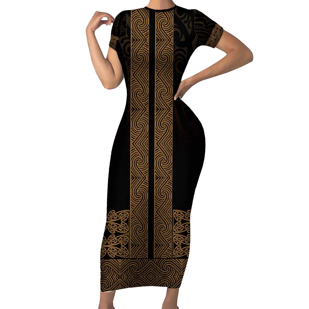 New Zealand Maori Kowhaiwhai Family Matching Short Sleeve Bodycon Dress and Hawaiian Shirt Parauri Maui and Mangopare LT9 Mom's Dress Brown - Polynesian Pride