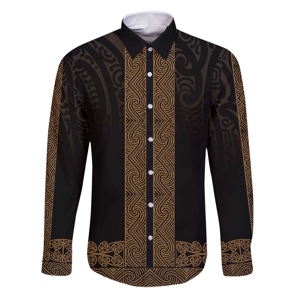 New Zealand Maori Kowhaiwhai Family Matching Summer Maxi Dress and Hawaiian Shirt Parauri Maui and Mangopare LT9 Dad's Shirt - Long Sleeve Brown - Polynesian Pride