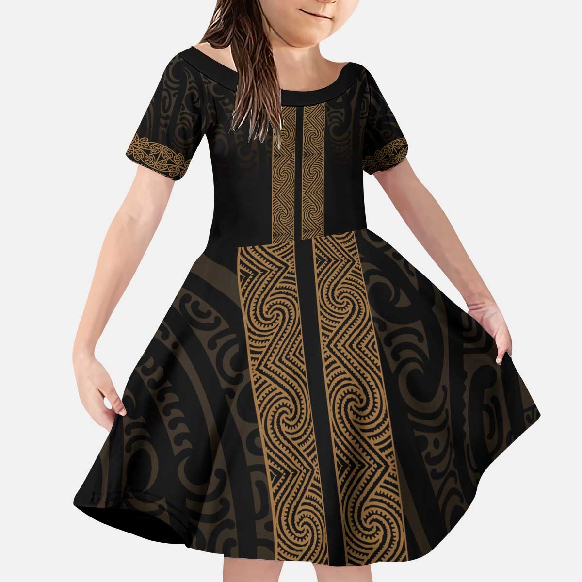 New Zealand Maori Kowhaiwhai Kid Short Sleeve Dress Parauri Maui and Mangopare