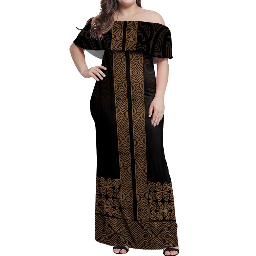 New Zealand Maori Kowhaiwhai Off Shoulder Maxi Dress Parauri Maui and Mangopare