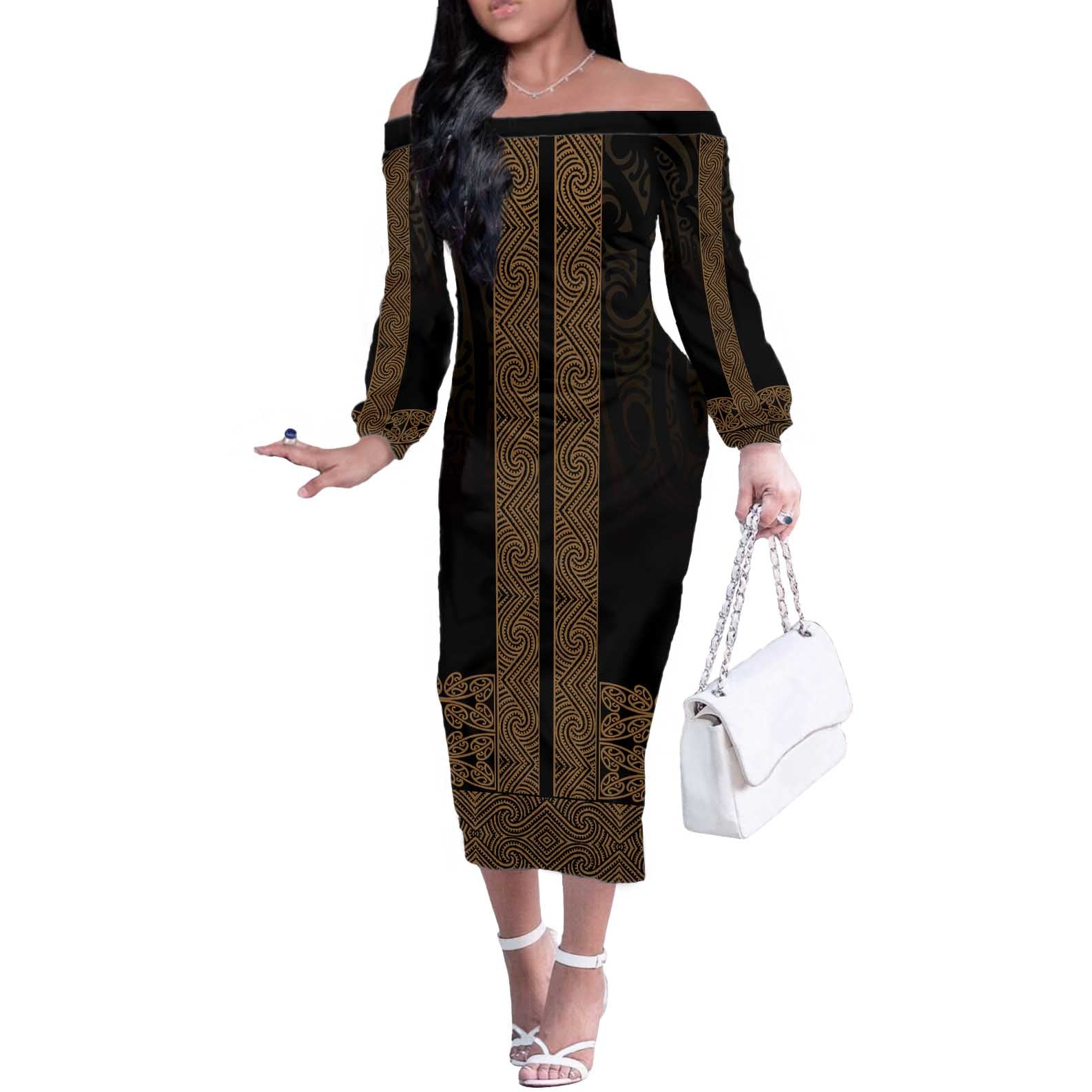 New Zealand Maori Kowhaiwhai Off The Shoulder Long Sleeve Dress Parauri Maui and Mangopare