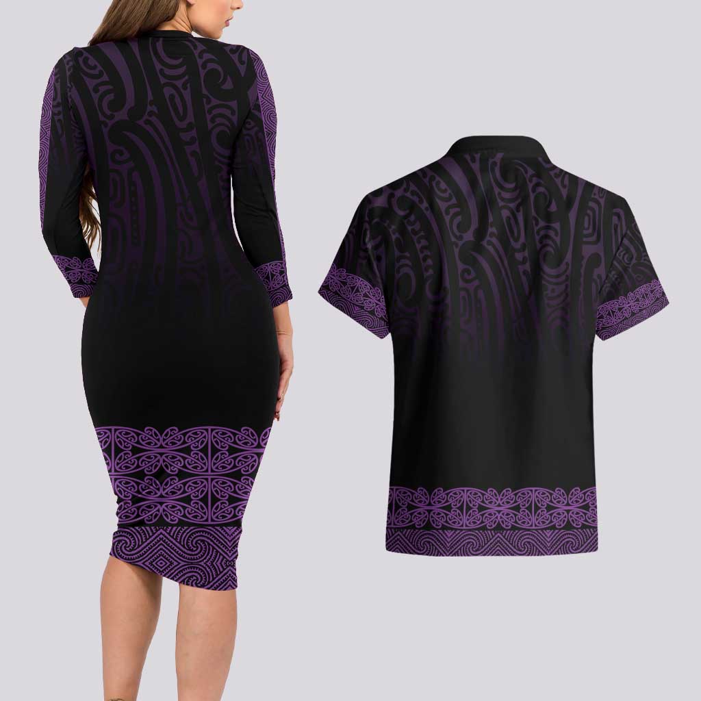 New Zealand Maori Kowhaiwhai Couples Matching Long Sleeve Bodycon Dress and Hawaiian Shirt Waiporoporo Maui and Mangopare LT9 - Polynesian Pride