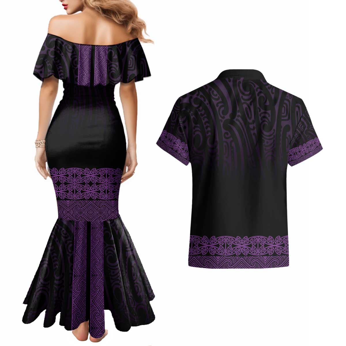 New Zealand Maori Kowhaiwhai Couples Matching Mermaid Dress and Hawaiian Shirt Waiporoporo Maui and Mangopare LT9 - Polynesian Pride