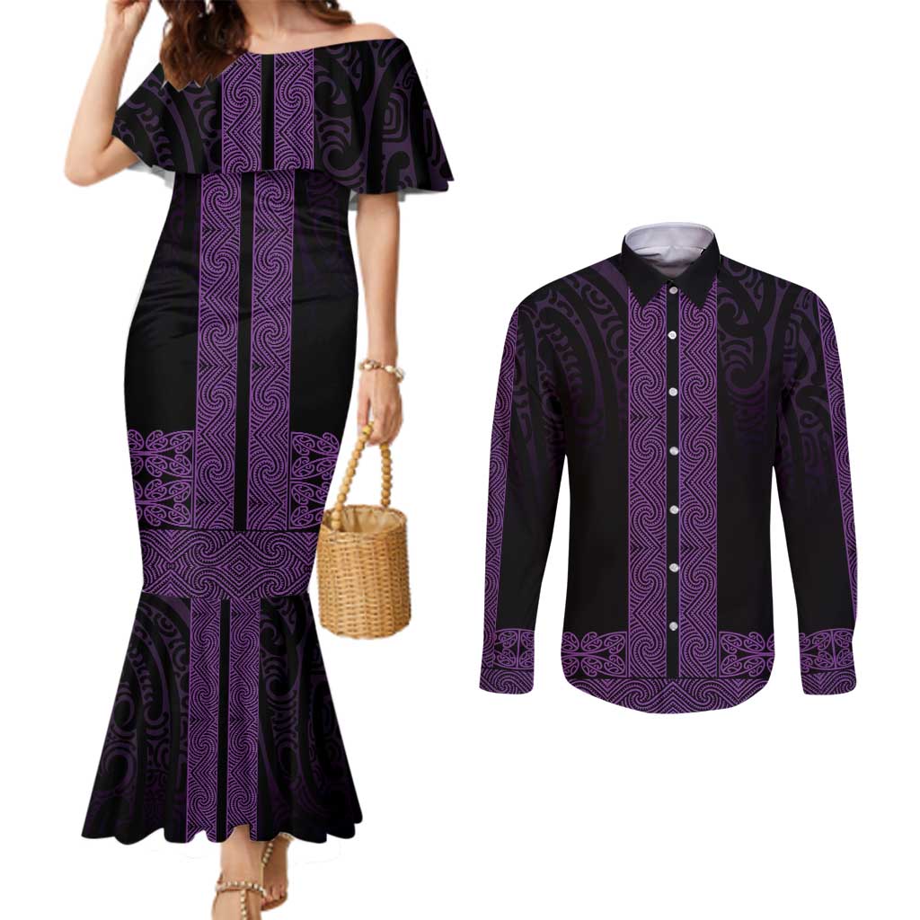 New Zealand Maori Kowhaiwhai Couples Matching Mermaid Dress and Long Sleeve Button Shirt Waiporoporo Maui and Mangopare LT9 Purple - Polynesian Pride