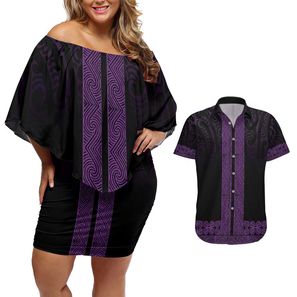 New Zealand Maori Kowhaiwhai Couples Matching Off Shoulder Short Dress and Hawaiian Shirt Waiporoporo Maui and Mangopare LT9 Purple - Polynesian Pride