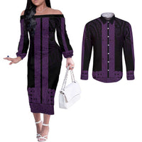 New Zealand Maori Kowhaiwhai Couples Matching Off The Shoulder Long Sleeve Dress and Long Sleeve Button Shirt Waiporoporo Maui and Mangopare LT9 Purple - Polynesian Pride