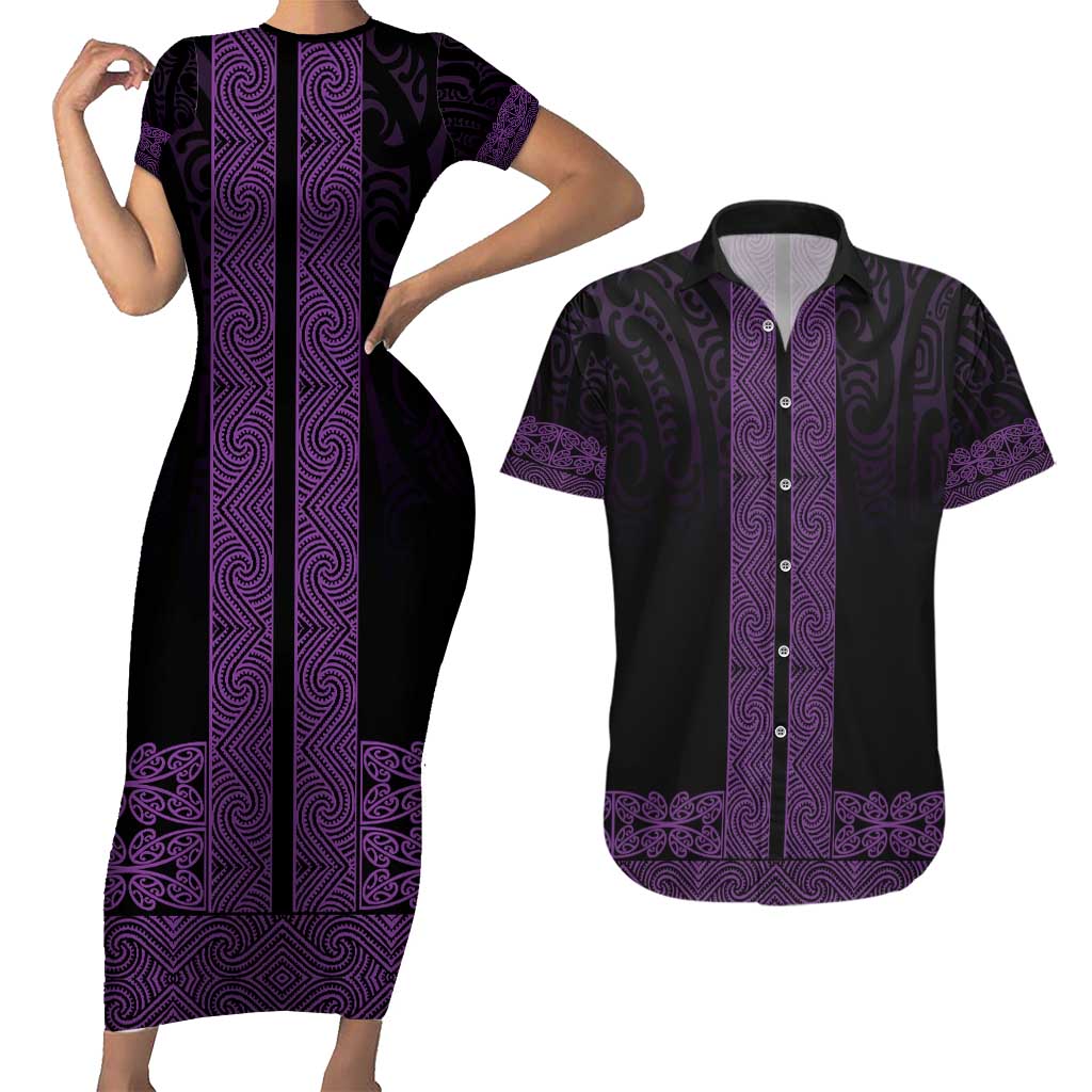 New Zealand Maori Kowhaiwhai Couples Matching Short Sleeve Bodycon Dress and Hawaiian Shirt Waiporoporo Maui and Mangopare LT9 Purple - Polynesian Pride