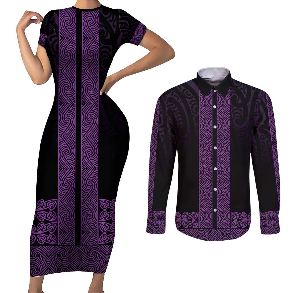 New Zealand Maori Kowhaiwhai Couples Matching Short Sleeve Bodycon Dress and Long Sleeve Button Shirt Waiporoporo Maui and Mangopare LT9 Purple - Polynesian Pride