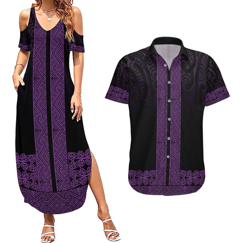 New Zealand Maori Kowhaiwhai Couples Matching Summer Maxi Dress and Hawaiian Shirt Waiporoporo Maui and Mangopare LT9 Purple - Polynesian Pride