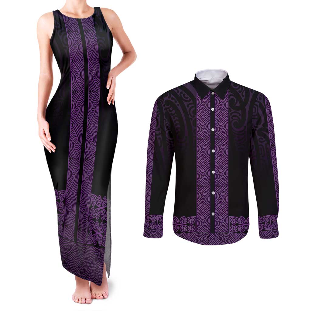New Zealand Maori Kowhaiwhai Couples Matching Tank Maxi Dress and Long Sleeve Button Shirt Waiporoporo Maui and Mangopare LT9 Purple - Polynesian Pride
