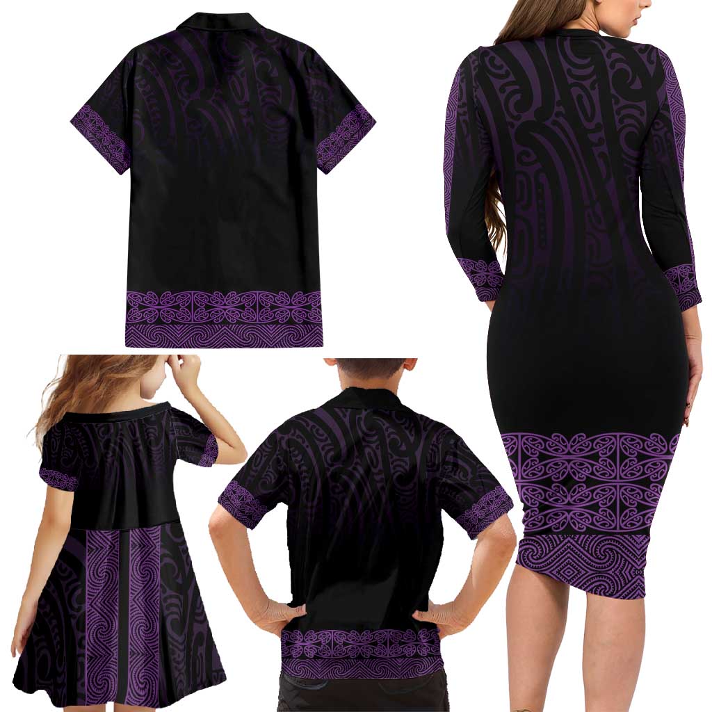 New Zealand Maori Kowhaiwhai Family Matching Long Sleeve Bodycon Dress and Hawaiian Shirt Waiporoporo Maui and Mangopare LT9 - Polynesian Pride