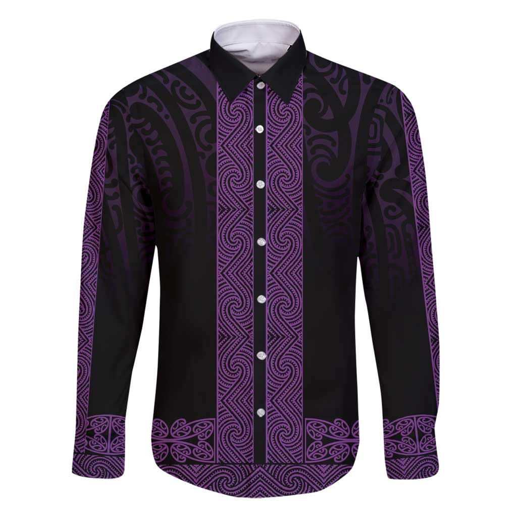 New Zealand Maori Kowhaiwhai Family Matching Long Sleeve Bodycon Dress and Hawaiian Shirt Waiporoporo Maui and Mangopare LT9 Dad's Shirt - Long Sleeve Purple - Polynesian Pride