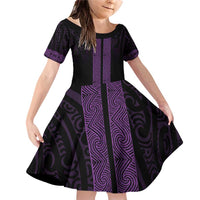 New Zealand Maori Kowhaiwhai Family Matching Off Shoulder Short Dress and Hawaiian Shirt Waiporoporo Maui and Mangopare LT9 Daughter's Dress Purple - Polynesian Pride