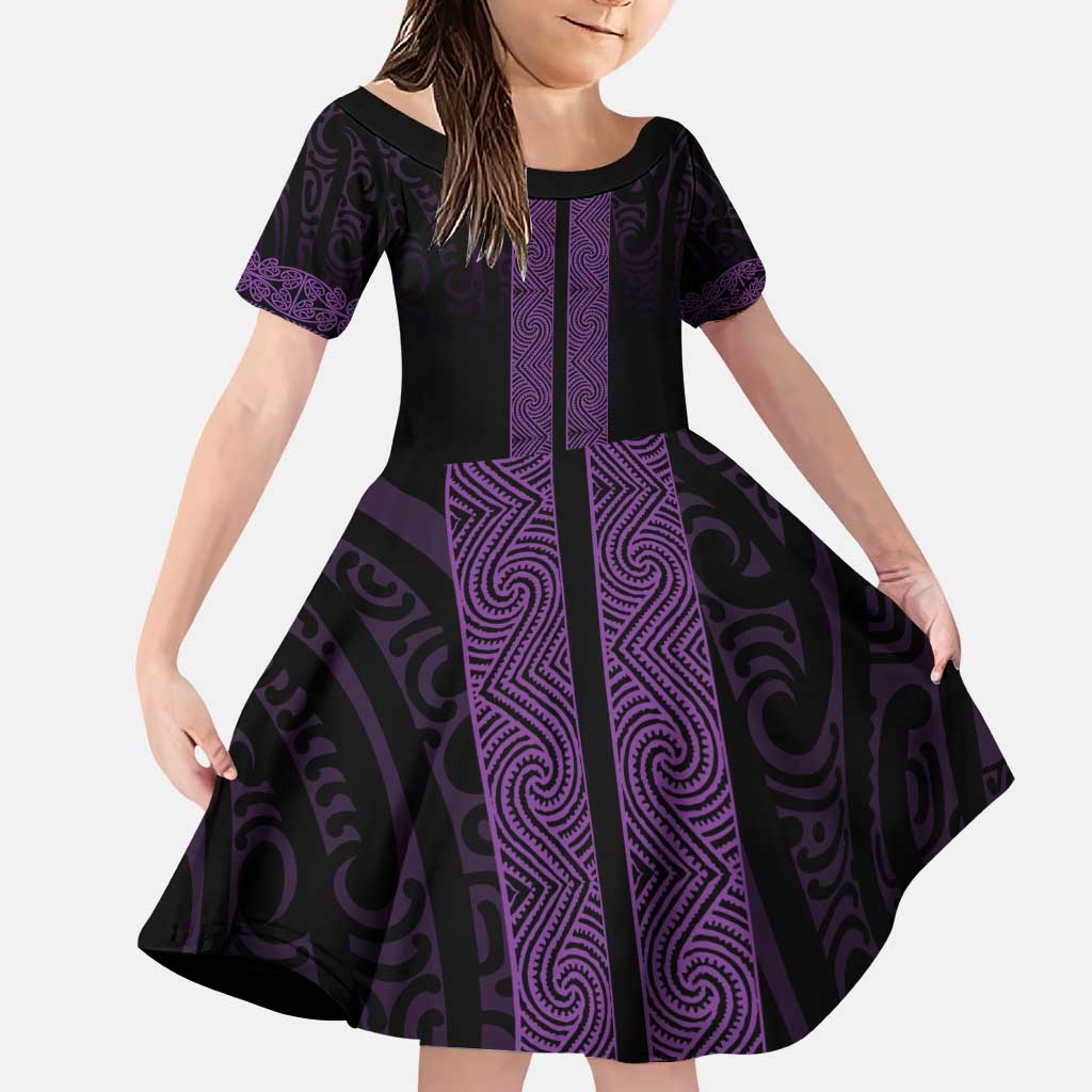 New Zealand Maori Kowhaiwhai Family Matching Puletasi and Hawaiian Shirt Waiporoporo Maui and Mangopare LT9 Daughter's Dress Purple - Polynesian Pride