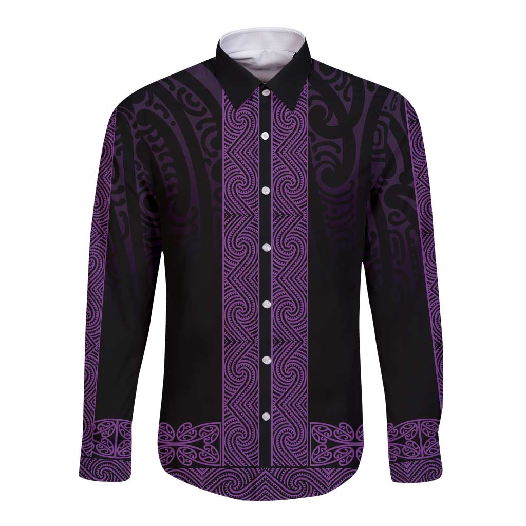 New Zealand Maori Kowhaiwhai Long Sleeve Button Shirt Waiporoporo Maui and Mangopare LT9 Unisex Purple - Polynesian Pride