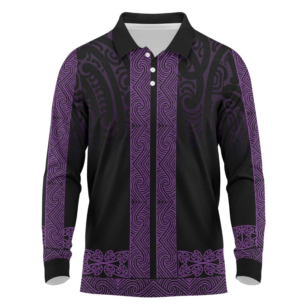 New Zealand Maori Kowhaiwhai Long Sleeve Polo Shirt Waiporoporo Maui and Mangopare