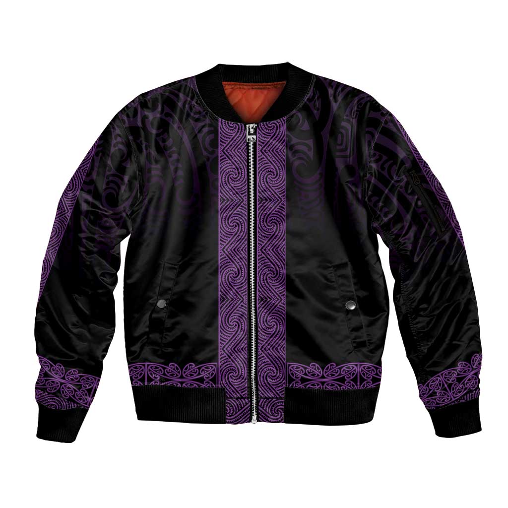 New Zealand Maori Kowhaiwhai Sleeve Zip Bomber Jacket Waiporoporo Maui and Mangopare LT9 Unisex Purple - Polynesian Pride