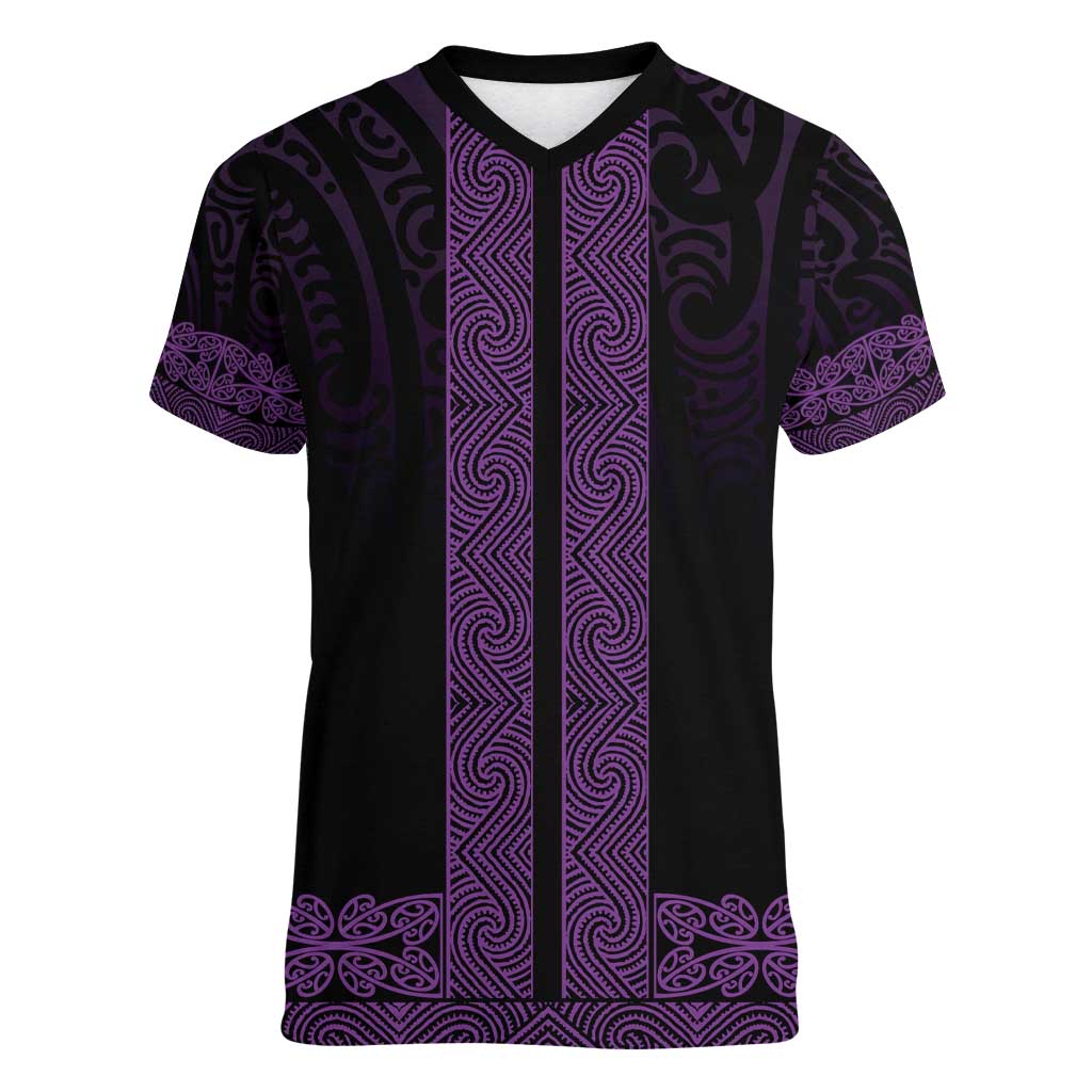 New Zealand Maori Kowhaiwhai Women V-Neck T-Shirt Waiporoporo Maui and Mangopare LT9 Female Purple - Polynesian Pride