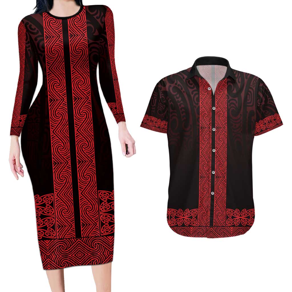 New Zealand Maori Kowhaiwhai Couples Matching Long Sleeve Bodycon Dress and Hawaiian Shirt Whero Maui and Mangopare LT9 Red - Polynesian Pride