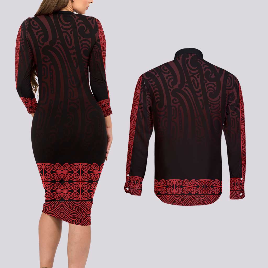 New Zealand Maori Kowhaiwhai Couples Matching Long Sleeve Bodycon Dress and Long Sleeve Button Shirt Whero Maui and Mangopare LT9 - Polynesian Pride