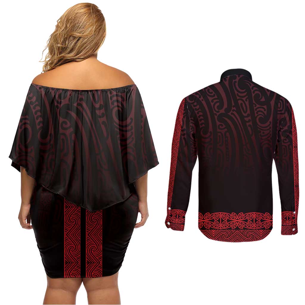 New Zealand Maori Kowhaiwhai Couples Matching Off Shoulder Short Dress and Long Sleeve Button Shirt Whero Maui and Mangopare LT9 - Polynesian Pride