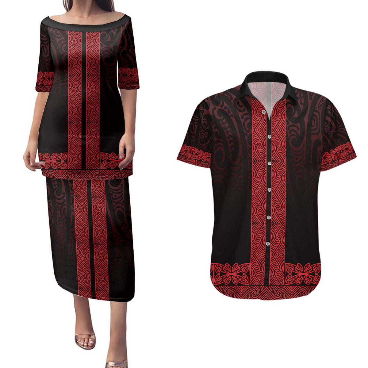 New Zealand Maori Kowhaiwhai Couples Matching Puletasi and Hawaiian Shirt Whero Maui and Mangopare LT9 Red - Polynesian Pride