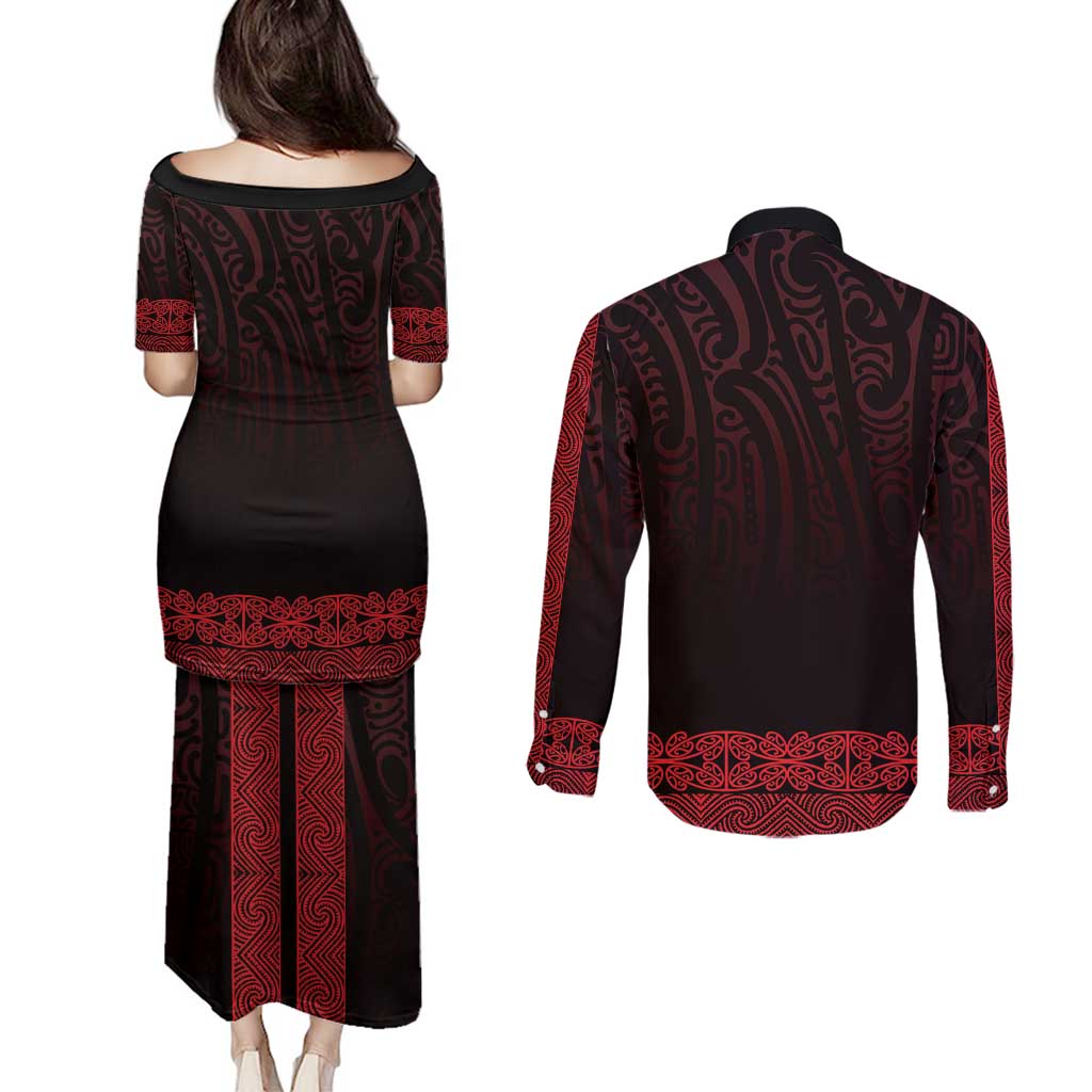 New Zealand Maori Kowhaiwhai Couples Matching Puletasi and Long Sleeve Button Shirt Whero Maui and Mangopare LT9 - Polynesian Pride
