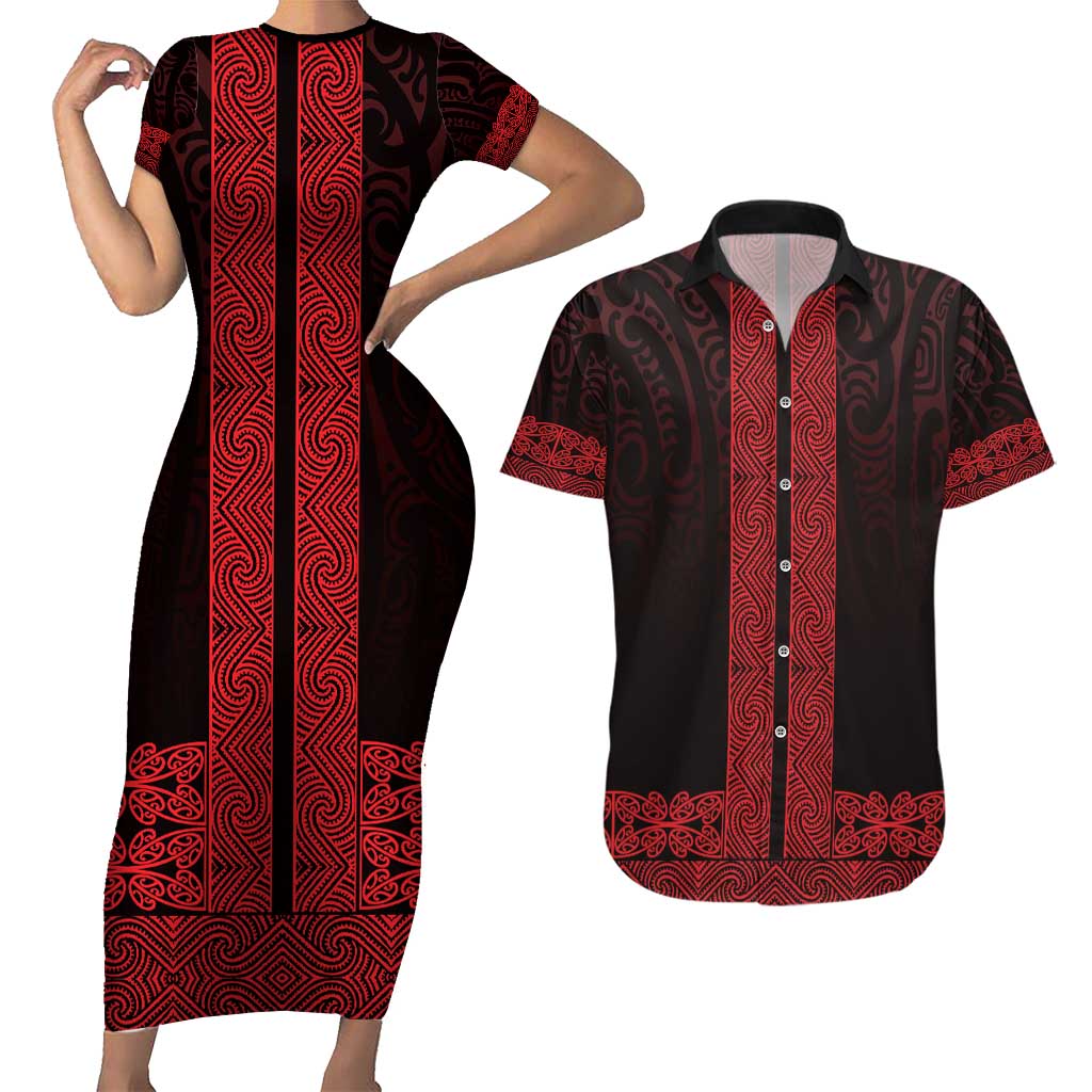 New Zealand Maori Kowhaiwhai Couples Matching Short Sleeve Bodycon Dress and Hawaiian Shirt Whero Maui and Mangopare LT9 Red - Polynesian Pride