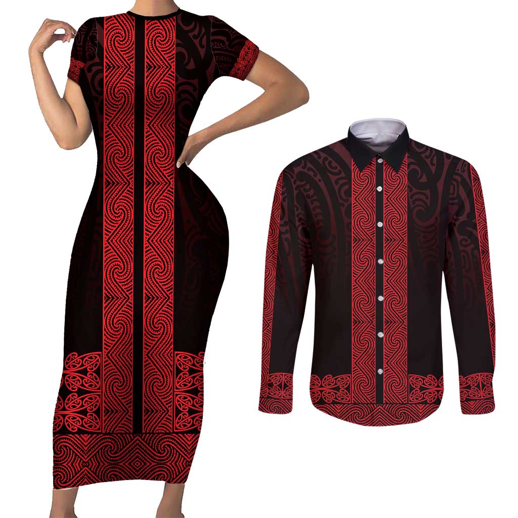 New Zealand Maori Kowhaiwhai Couples Matching Short Sleeve Bodycon Dress and Long Sleeve Button Shirt Whero Maui and Mangopare