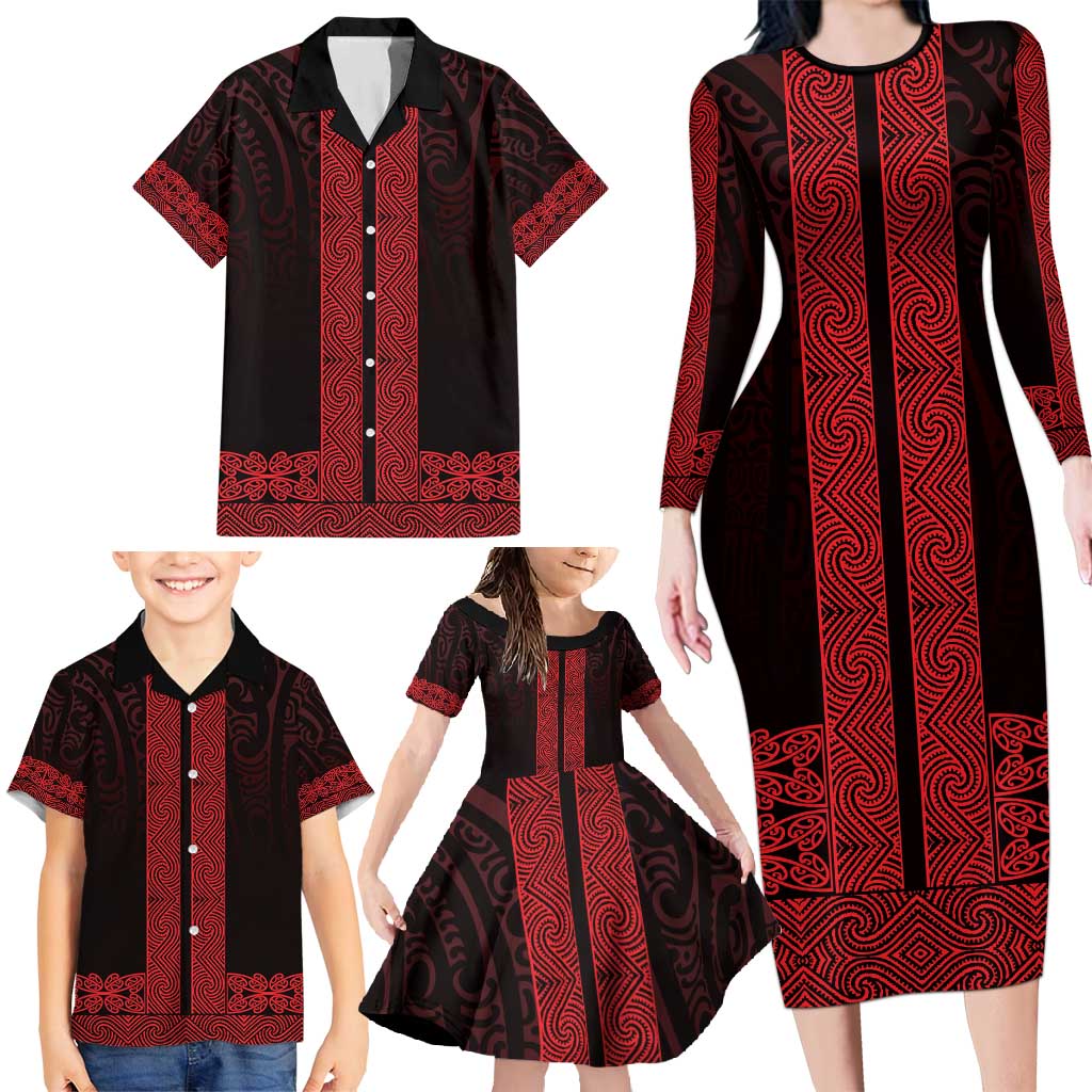 New Zealand Maori Kowhaiwhai Family Matching Long Sleeve Bodycon Dress and Hawaiian Shirt Whero Maui and Mangopare LT9 - Polynesian Pride