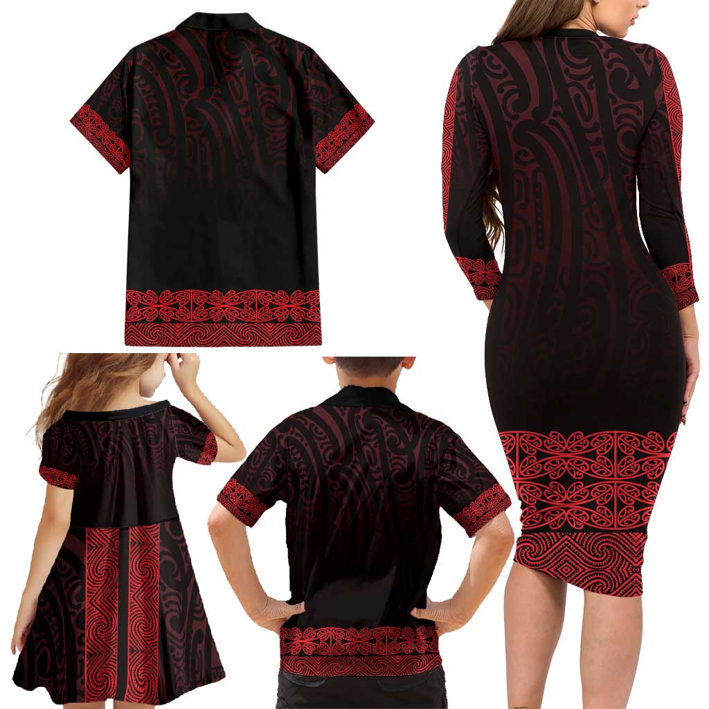 New Zealand Maori Kowhaiwhai Family Matching Long Sleeve Bodycon Dress and Hawaiian Shirt Whero Maui and Mangopare LT9 - Polynesian Pride