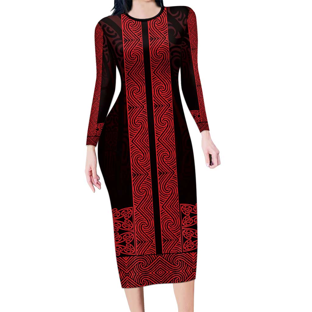 New Zealand Maori Kowhaiwhai Family Matching Long Sleeve Bodycon Dress and Hawaiian Shirt Whero Maui and Mangopare LT9 Mom's Dress Red - Polynesian Pride