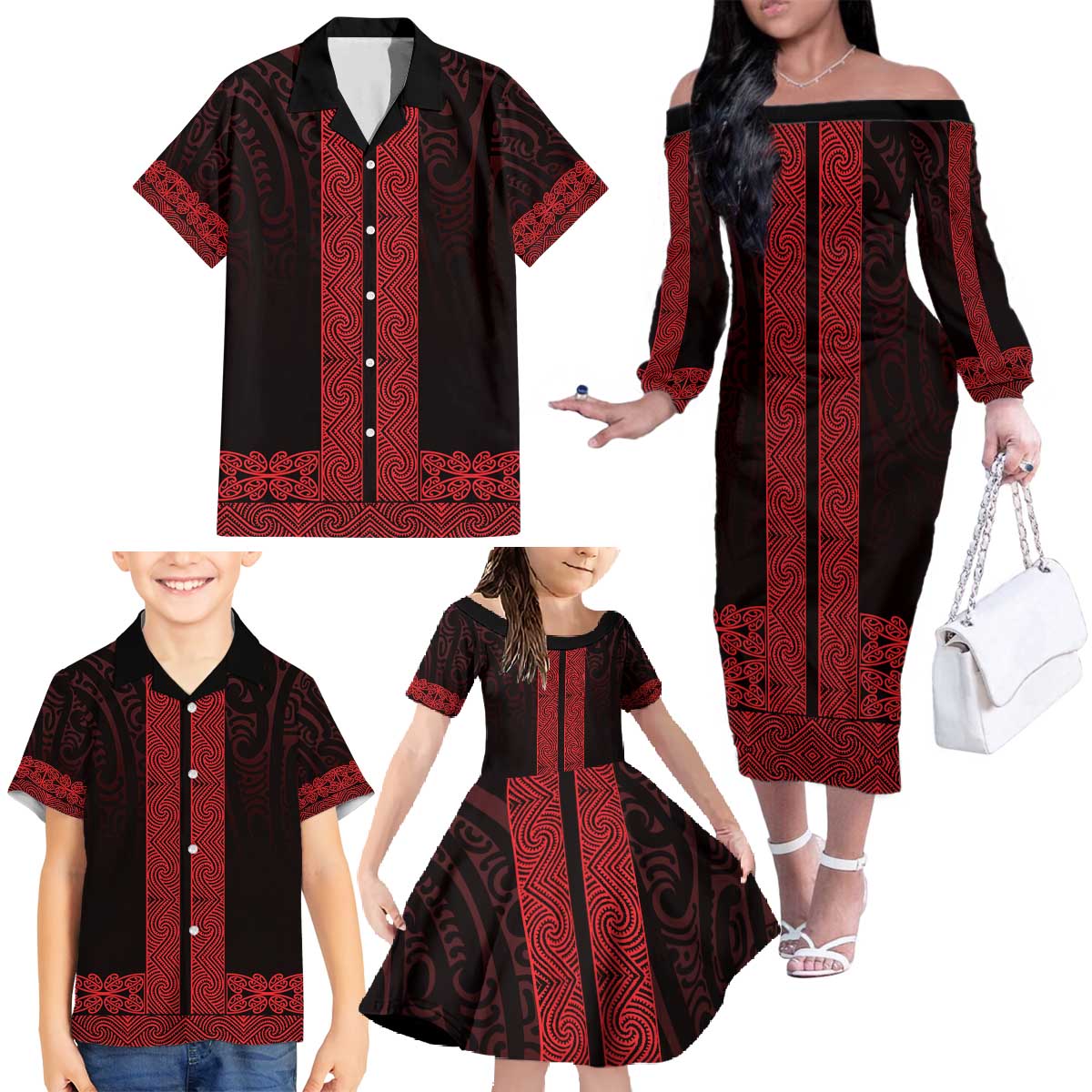 New Zealand Maori Kowhaiwhai Family Matching Off The Shoulder Long Sleeve Dress and Hawaiian Shirt Whero Maui and Mangopare