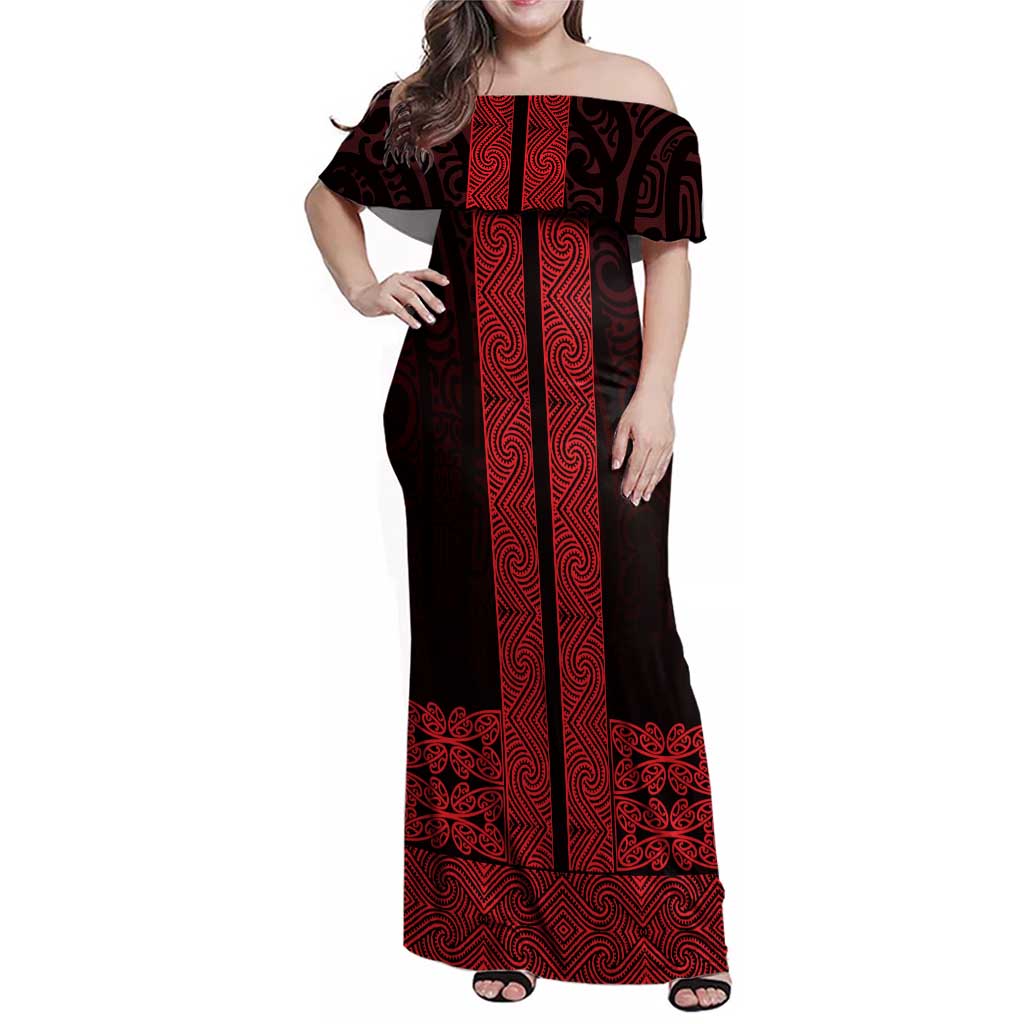 New Zealand Maori Kowhaiwhai Family Matching Off Shoulder Maxi Dress and Hawaiian Shirt Whero Maui and Mangopare LT9 Mom's Dress Red - Polynesian Pride
