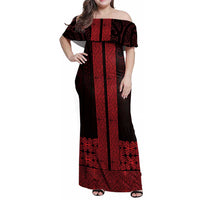 New Zealand Maori Kowhaiwhai Family Matching Off Shoulder Maxi Dress and Hawaiian Shirt Whero Maui and Mangopare LT9 Mom's Dress Red - Polynesian Pride