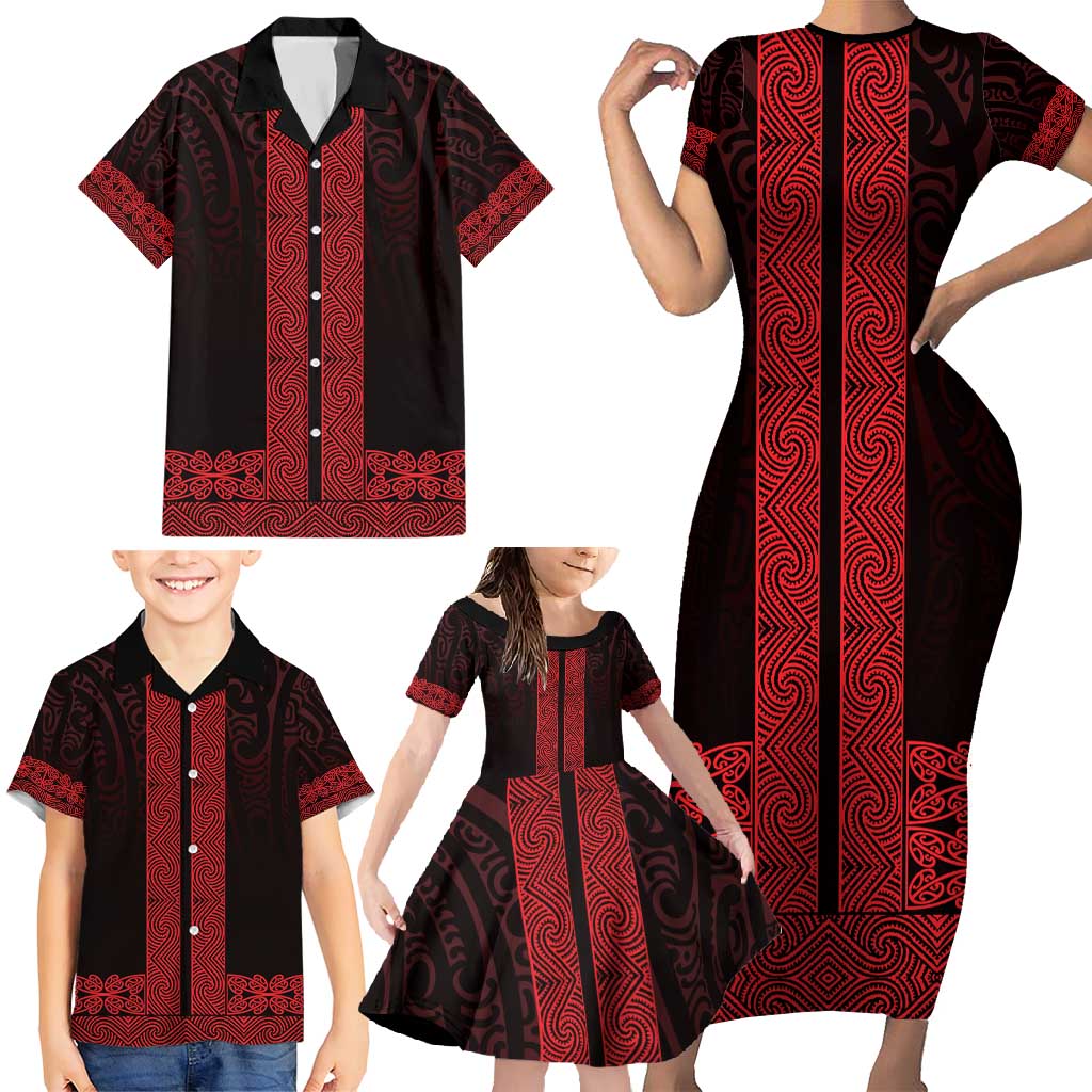 New Zealand Maori Kowhaiwhai Family Matching Short Sleeve Bodycon Dress and Hawaiian Shirt Whero Maui and Mangopare