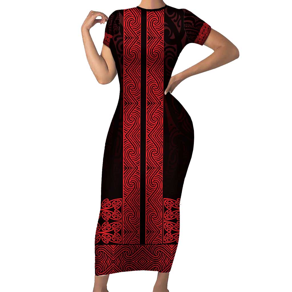 New Zealand Maori Kowhaiwhai Family Matching Short Sleeve Bodycon Dress and Hawaiian Shirt Whero Maui and Mangopare LT9 Mom's Dress Red - Polynesian Pride