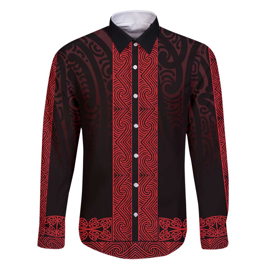 New Zealand Maori Kowhaiwhai Family Matching Summer Maxi Dress and Hawaiian Shirt Whero Maui and Mangopare LT9 Dad's Shirt - Long Sleeve Red - Polynesian Pride