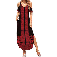 New Zealand Maori Kowhaiwhai Family Matching Summer Maxi Dress and Hawaiian Shirt Whero Maui and Mangopare LT9 Mom's Dress Red - Polynesian Pride