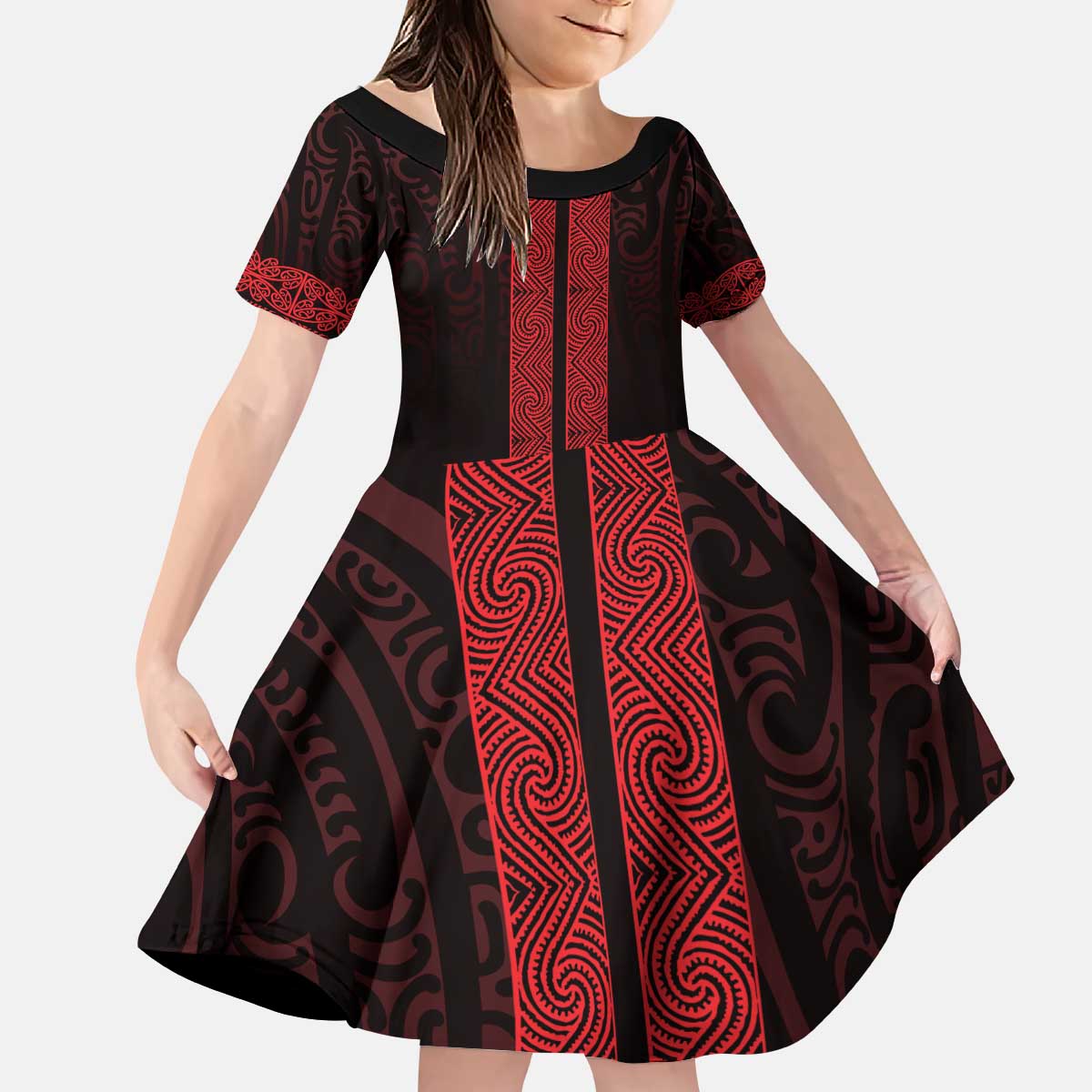 New Zealand Maori Kowhaiwhai Kid Short Sleeve Dress Whero Maui and Mangopare